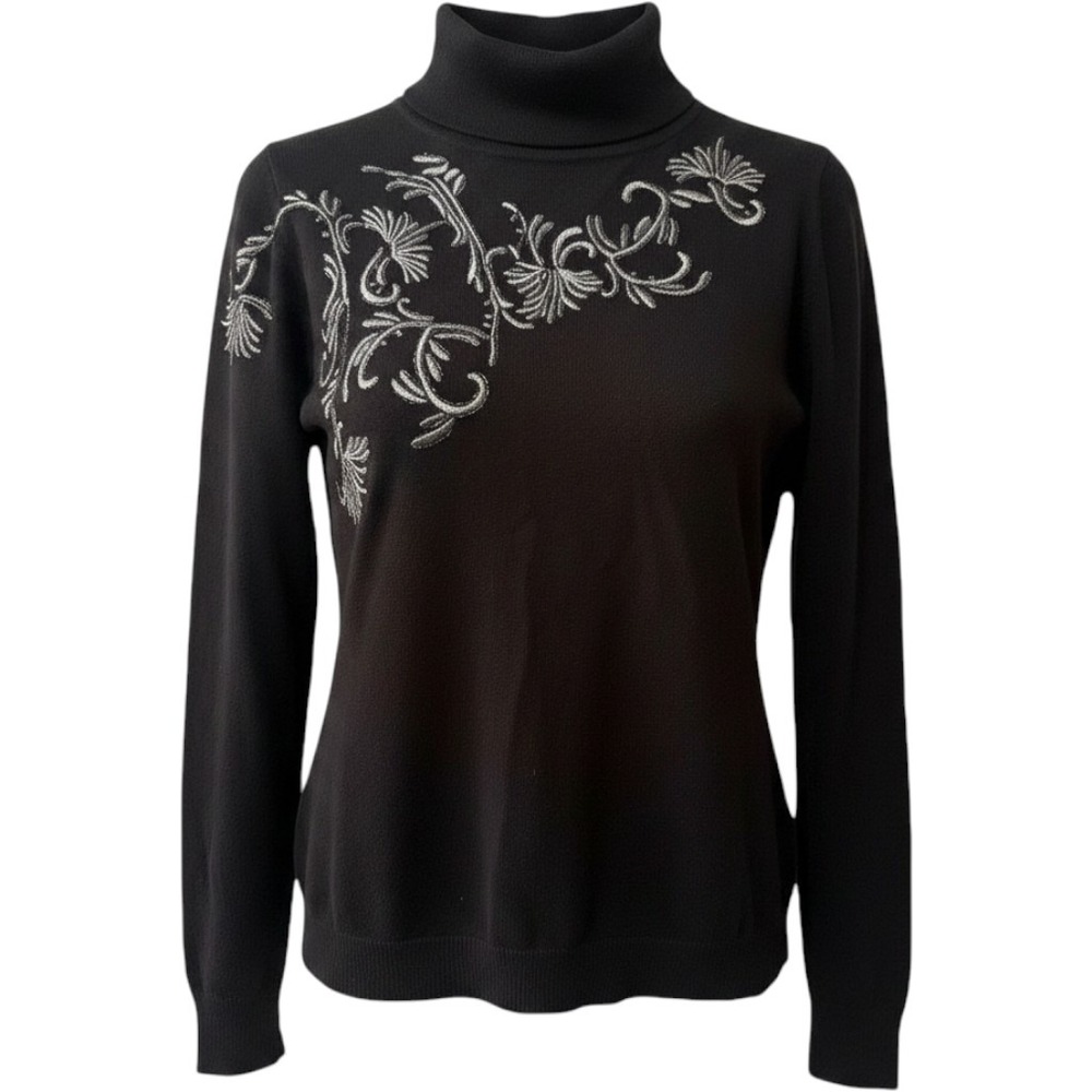 Soft Surroundings Genevieve Embroidered Turtleneck Sweater Black Floral Size XL